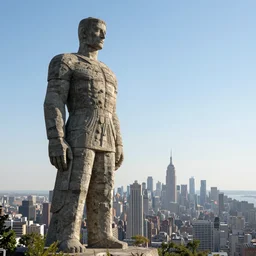 the stone giant over the big city on the horizon. beautiful, realistic, 4K