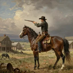 an extremely detailed masterpiece photograph of a 1 8 9 0's gunslinger on his horse, gun drawn while overlooking an old town, in the style of albert bierstadt, epic scene, extremely moody lighting, cinematic, 8 k