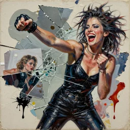 laughing sophisticated woman from fight club in fighting action detailed mixed media collage with canvas texture in style of contemporary art, punk art, photorealism, sensual bodies, expressionism, masterpiece, spectacular quality, intricate oil details, broken glass photo, torn paper intricate texture, large cracks, liquid glue spots, bright and balanced