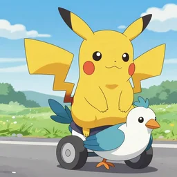 Pikachu slowly committing tax evasion while riding a pidgey