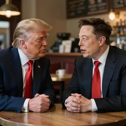 ! dream elon musk chatting with donald trump in a cafe shop photo - realistic unreal engine 5 style - n 9