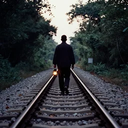 A silhouetted figure holding a lantern walks on top of some train tracks towards the camera, film still, wide shot, wooded area
