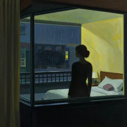 silhouette of a woman gazing out the window of her hotel room, rainy night, neon lighting, extremely detailed masterpiece, by Edward Hopper
