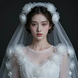 makeup is 7 0's style : a wonderful realistic focused sweet face mid portrait of a beautiful symmetrical lonely woman with a detailed wonderful symmetrical face who is dressed with a wonderful, majestic, large semi transparent white cotton dress ornate with semi transparent cotton roses and semi transparent white veils, dramatic light, octane render - 8 k