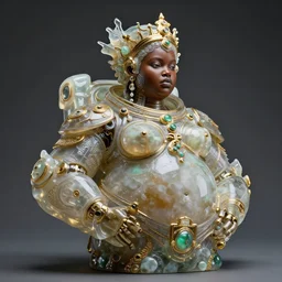intricate slightly iridescent and tanslucent realistic bust of futuristic obese fierce beautiful cybernetic astronaut black girl empress, glass and gold and jade, caustics, soft light