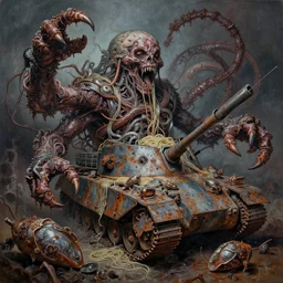 painting of varied filthy rugated yaw tendrils putrescent chrome noodles rusting battles in m 1 a 2 sep armored claws on mollusks panzers mucosal clustered high resolution, hyper detailed, cinematic, chaotic primordial horrors by vincente b ballestar, horror by francesco blanc, terror by enric torres 1 9 7 2 & 1 9 7 3