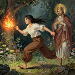breathtaking detailed concept art painting of smiling hapa sorceress wearing trousers chasing will-o-wisps casting a fireball in a garden, orthodox saint, by Hsiao-Ron Cheng, 8K