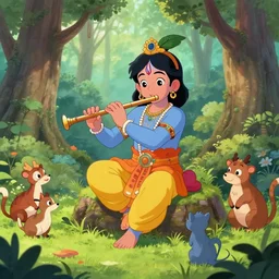 Young Krishna playing flute in forest and all animals listen his melodious music , Zoom out ,anime style, artstation, devainart ,illustration, scenery,