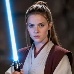head and shoulders portrait of a female knight, jedi, robes, blue lightsaber, young carrie fisher, star wars, by artgerm, digital illustration