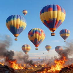 colorful hot air balloons float over a fiery battlefield of smoke, fantasy, concept art, colorful, vivid