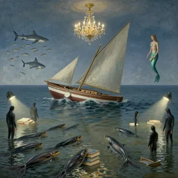 eels, wet floors, people in wetsuits, floodlights, waterlogged books, a floating chandelier, an overturned sailboat, a shark, a school of fish, a mermaid, zen, surrealist, by magritte and monet