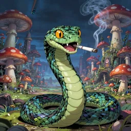A centered chest up portrait of a psychedelic demonic anthropomorphic snake smoking a hand-rolled cigarette smoking heavily , magic mushroom village in background , art by tokyo movie shinsha , award winning. superb resolution. in the art style of junji Ito and greg rutkowski . Detailed Mushroom city in background. Hyper realistic anime. Perfect art. Dalle2