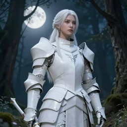 fantasy portrait white which light armor in a forest moonlight high quality artstation