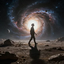 a cosmic being collapsing reality as he walks across it