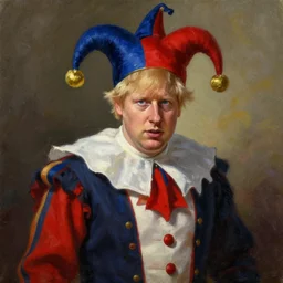 boris johnson as a court jester, painting, by weta digital, direct glaze