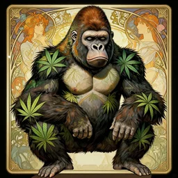 portrait of a bored gorilla, wearing a costume made out marijuana designs, behance hd artstation, by moebius, alphonse mucha, ayami kojima, amano, greg hildebrandt, and mark brooks, masculine, male, art nouveau, neo - gothic, gothic, character concept design, dynamic light, stylised illustration, disco elysium
