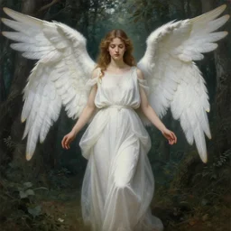 a beautiful portrait painting of a biblical angel in white dress in a forest, inspired by thomas eakes & xiang duan, symmetry, magic realism, post - processing, extremely hyper - detailed, intricate, soft - lighting, lifelike attributes, masterpiece'