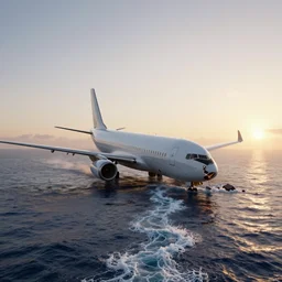 a crashed commercial plane on the ocean at sunrise, path traced, hyperrealistic, dramatic lighting, cinematic, 8 k hdr, high quality, highly detailed, high coherence, epic image, calm sea, centered, beautiful