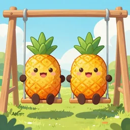 two smiling pineapples on a swing set, cartoon