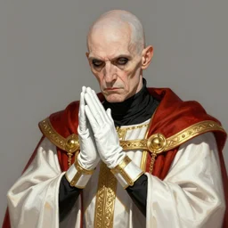 a bald pale sorcerer in his late nineties. stately, eyeliner accentuates his sunken eyes. a high black turtleneck covers his thin neck. opulent white golden red robe. white leather gloves with gold decoration, sharp focus, a downcast shaddow, his hands crossed in front of his face with a sour expression, illustration, digital painting, art by magali villeneuve