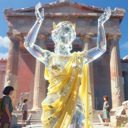 high detail portrait, transparent crystal woman wearing ancient greek yellow paper tunic, hands in air, stephen bliss, fantasy art by greg rutkowski, rhads, ferdinand knab, makoto shinkai and lois van baarle, ilya kuvshinov, rossdraws, tom bagshaw, global illumination, radiant light, ancient greek temple ruins, red and blue color theme