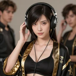 tifa lockhart portrait, pale black and gold silk robe and decollete bra, wearing headphones, listening to music, art by artgerm, wlop, loish, ilya kuvshinov, 8 k realistic, hyperdetailed, beautiful lighting, detailed background, depth of field, symmetrical face, frostbite 3 engine, cryengine,