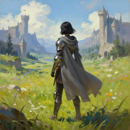 a warrior girl with short black hair wearing a gray cloak and boots standing in a meadow with medieval fantasy landscape, shot from behind, digital art, oil on canvas, by andreas rocha, by greg rutkowski, trending on artstation, 4k, vibrant colors
