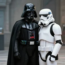 a photo of darth vader huggin a storm trooper