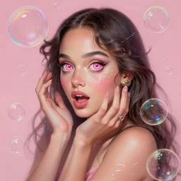 dream portrait of Ana de Armas, dreamy and ethereal, expressive pose, big pink eyes, exciting expression, fantasy, intricate, elegant, many rainbow bubbles, rose tones, highly detailed, digital painting, artstation, concept art,cyberpunk wearing, smooth, sharp focus, illustration, art by artgerm and greg rutkowskiand alphonse mucha, Salvador Dali.