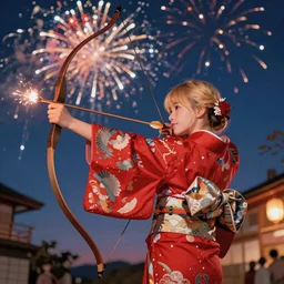 colorful and festive captivating teenager girl with blonde hair, red japanese traditional clothes, shooting a firework with bow and arrow at the sky. rich vivid colors, ambient lighting, dynamic lighting, 4 k, atmospheric lighting, painted, intricate, highly detailed by charlie bowater