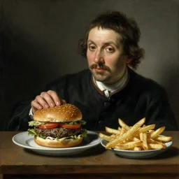 a man, hamburger and french fried in still life. dutch masters, 1 8 th century, oil on canvas