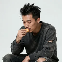 bandit winding down for the night, greasy pompadour hair, ripped dirty clothing, hobo, eating a can of beans, flames licking uo from fire, soft illumination fire light, half awake