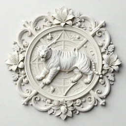 beautiful classical holy decorative ornament, sacred tiger, acanthus scrolls, lilies, ivy, energy, white magic, geometry, magnolia, bones, petals, stems, ceremonial clouds, dripping paint, perfect engraving, fibonacci rhythm, artstation, art germ, wlop, masterpiece