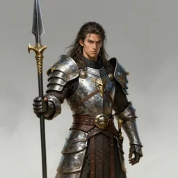 A realistic anime portrait of a young handsome male barbarian with long wild hair, intricate fantasy spear, plated armor, D&D, dungeons and dragons, tabletop role playing game, rpg, jrpg, digital painting, by Frank Frazetta, concept art, highly detailed, promotional art, HD, digtial painting, trending on ArtStation, golden ratio, rule of thirds, SFW version