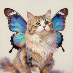 beautiful colorful cat with long flowing fur and butterfly wings, detailed painting 4 k