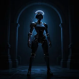 a dark back lit silhouette of a mechanised cyber geisha, small neon light haloing, standing in font of a dark archway,