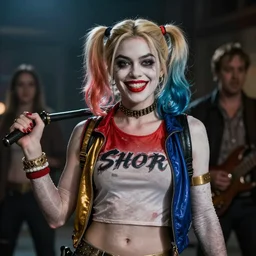 real-life Harley Quinn, cinematic, Wide-shot, atmospheric lighting, directed by Quentin Tarantino, extreme detail, 8K, movie still