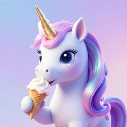 an ultra high definition pastel coloured photograph of a magic unicorn with a glittery magic horn eating an ice cream. refraction, volumetric lighting iridescence.