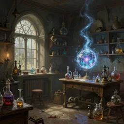 interior shot of a cluttered wizard laboratory with ball of energy. inspired by alchemy and victorian laboratory. shelves with magical experiments, spell ingredients, and potions. a desk with a beautiful view out a window. digital painting, fantasy setting
