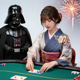 hyperrealistic composition of the detailed woman in a japanese kimono sitting at a poker table with detailed darth vader, fireworks, mount fuji on the background, pop - art style, jacky tsai style, andy warhol style, roy lichtenstein style, acrylic on canvas