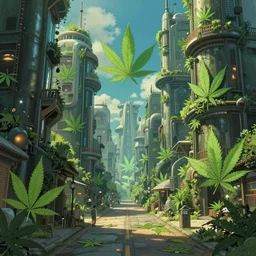 an optimistic futuristic cannabis city street with hemp leaf pop motifs, by ghibli