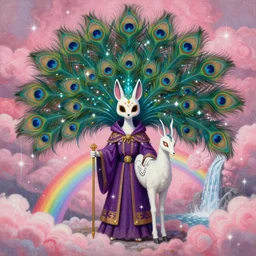 painting of a sugar skull kitsune, mage clothes inspired by a fairy peacock, 9 brilliant peacock tails that shimmer magic itself, painted by a master artist, sparkles, pink cloud background, rainbows, waterfall, dnd beyond, fae, photo realistic, renaissance