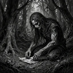 horrifie found dootage of a dark forest, black ans white, intricate, highly detailed, digital painting, artstation, concept art, smooth, sharp focus, illustration, greg rutkowski, 8 k, very high resolution, processing, extremely hyperdetailed