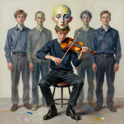 portrait of a young violinist sitting on stool by luc tuymans and vincent lefevre and hernan bas and pat steir and hilma af klint, psychological, symmetrical face, dripping paint, a lot brush marks, james jean 3 d rendition on behance, high quality render, masterpiece
