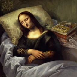 digital painting of an anxious sleepless Monalisa sleeping on bed having a nightmare, by leonardo da vinci