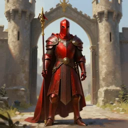 The Red Knight stands guard over the castle's gate, fantasy, artstation, highly detailed, 4k, digital painting, portrait by Larry Elmore