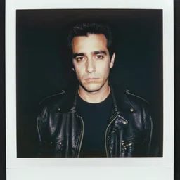 Portrait of sad George Costanza in a leather jacket, ethereal!!!!, polaroid, punk
