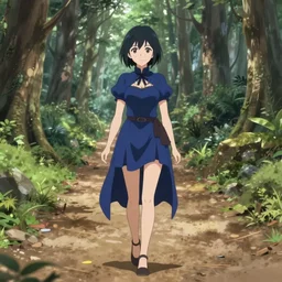 A sorceress with short black hair, wearing a deep blue short-skirted magician's robe walks down a dusty path through a deep forest. Anime, with photo-like backgrounds.