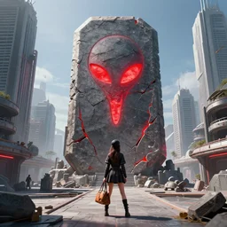 a girl bagging standing front of a huge towering and broken stone tablet with red light + alien pattern + an abandoned spaceship, stands in the center of a prosperous city at the end of the world, and the power and energy is explode, secret, mysterious, doomsday, landscape, 2 4 mm lens, video game control, quantum break, arknights,