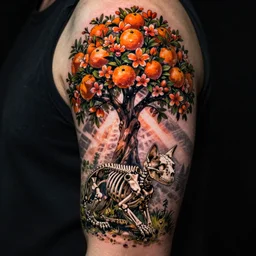 tattoo sleeve of an orange tree growing through a cat skeleton, blossoms, beautiful